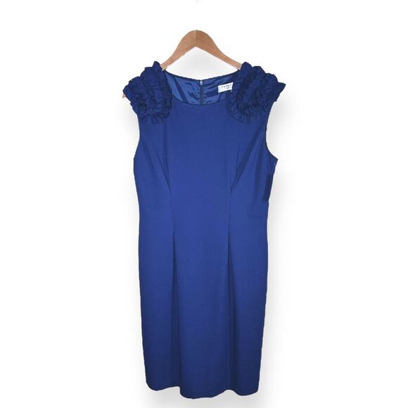 New $248 TRINA TURK Rosette Ruffle Blue Dress Pleated Sheath Career Wedding 10 - Picture 5 of 11